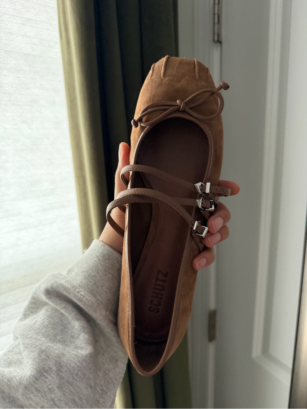 SCHUTZ Arissa Tan Suede Mary Jane Ballet Flat with Triple Straps - Picture 3 of 5